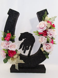 Large hoseshoe wreath with silk flowers - Designs by Ginny