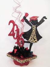 Load image into Gallery viewer, grad girl with leopard accents on mortar board hat centerpiece - Designs by Ginny
