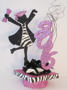 grad girl with zebra accents on mortar board hat centerpiece - Designs by Ginny