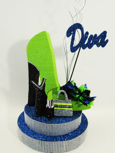neon green and royal blue high heel centerpiece - Designs by Ginny