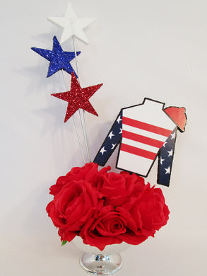 Patriotic jockey silk centerpiece with red roses - Designs by Ginny