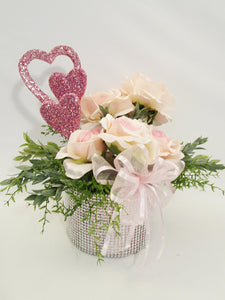 Pink roses & hearts Valentine centerpiece - Designs by Ginny