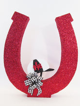 Load image into Gallery viewer, Large red horseshoe with jockey cap - Designs by Ginny
