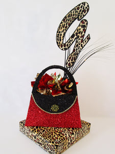 Styrofoam purse with leopard Initial centerpiece - Designs by Ginny