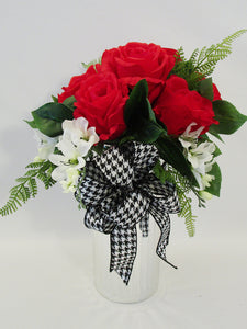 Silk Red Roses in Silver Faux Mirror Vase