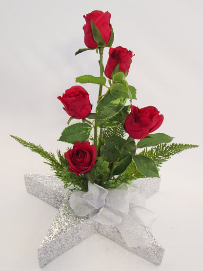 Silk red roses on silver star centerpiece - Designs by Ginny