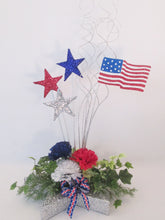Load image into Gallery viewer, Patriotic stars, red,white &amp; blue flowers, flag centerpiece - Designs by Ginny, 
