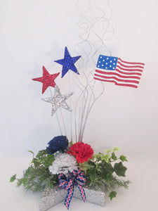 Patriotic stars, red,white & blue flowers, flag centerpiece - Designs by Ginny, 