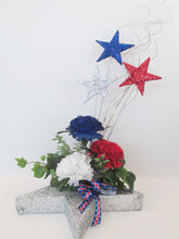Load image into Gallery viewer, Patriotic stars, red,white &amp; blue flowers centerpiece - Designs by Ginny
