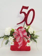 Load image into Gallery viewer, red purse floral 50th birthday centerpiece - Designs by Ginny
