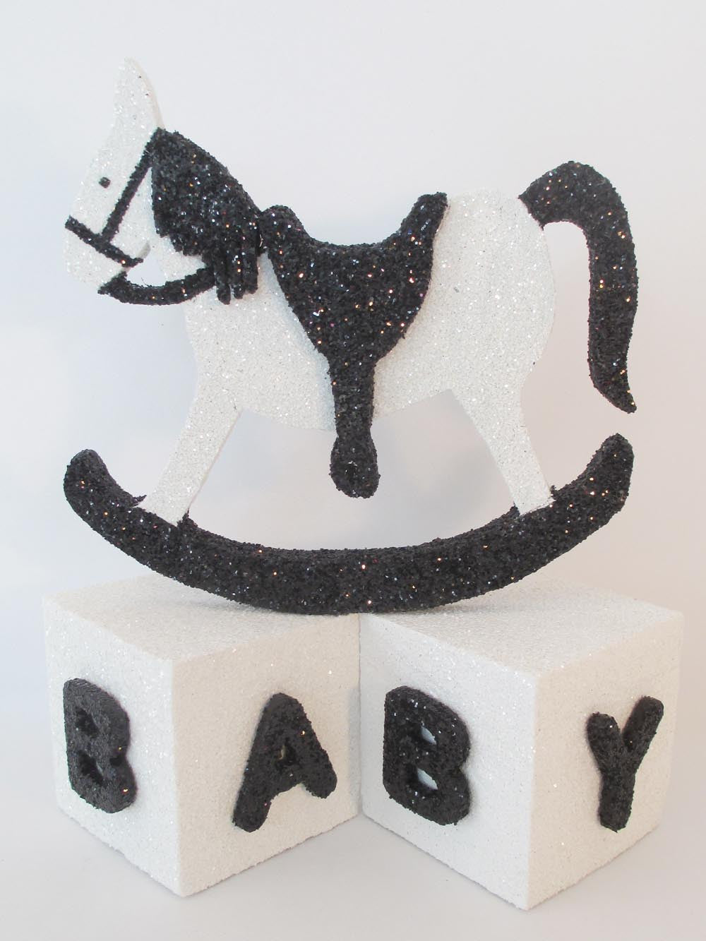 Styrofoam Rocking horse and baby blocks centerpiece - Designs by Ginny