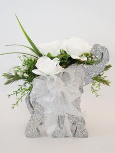 Silver Elephant while roses centerpiece - Designs by Ginny